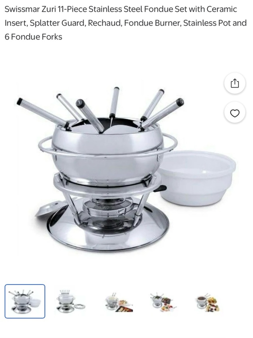 NWT - Zuri Stainless Steel Fondue Set with Ceramic Bowl - Silver & White